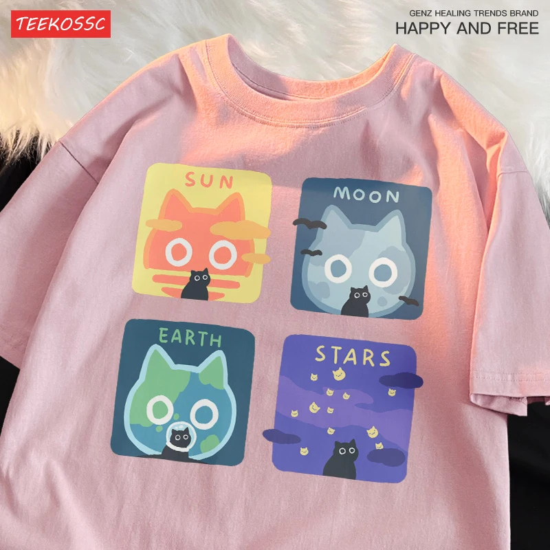 Astronomiczny kot potrójny letni luźny T-shirt z krótkim rękawem mężczyźni kobiety styl japoński męska czysta bawełna słońce księżyc ziemia koszulka