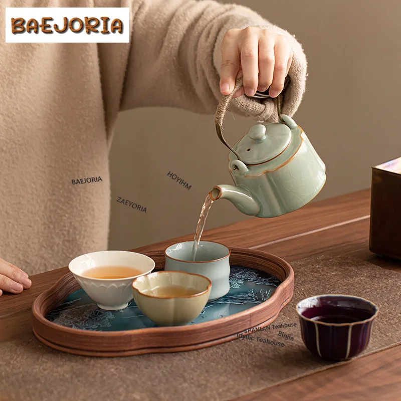 BAEJORIA Five Famous Kilns Lifting Beam Pot Travel Tea Set Kit Aesthetic 1 Pot 4 Cups Tea Maker Organizer Portable Camping Bag