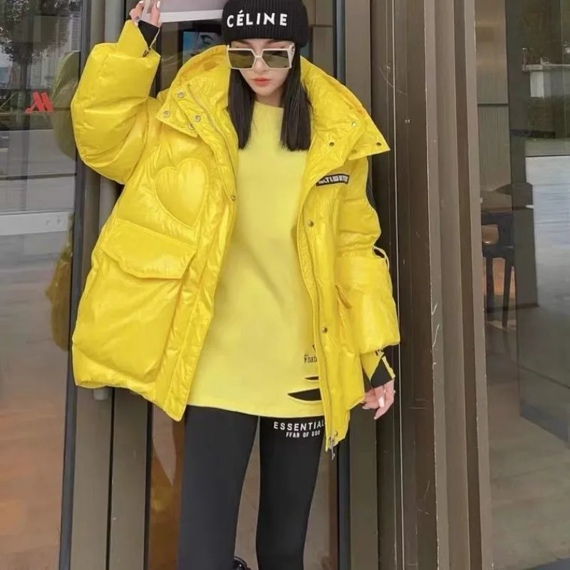 

Winter New Korean Version Glossy Down Jacket Women' Yellow Short Leave-in Hooded Small White Duck Down Jacket Simple Personality