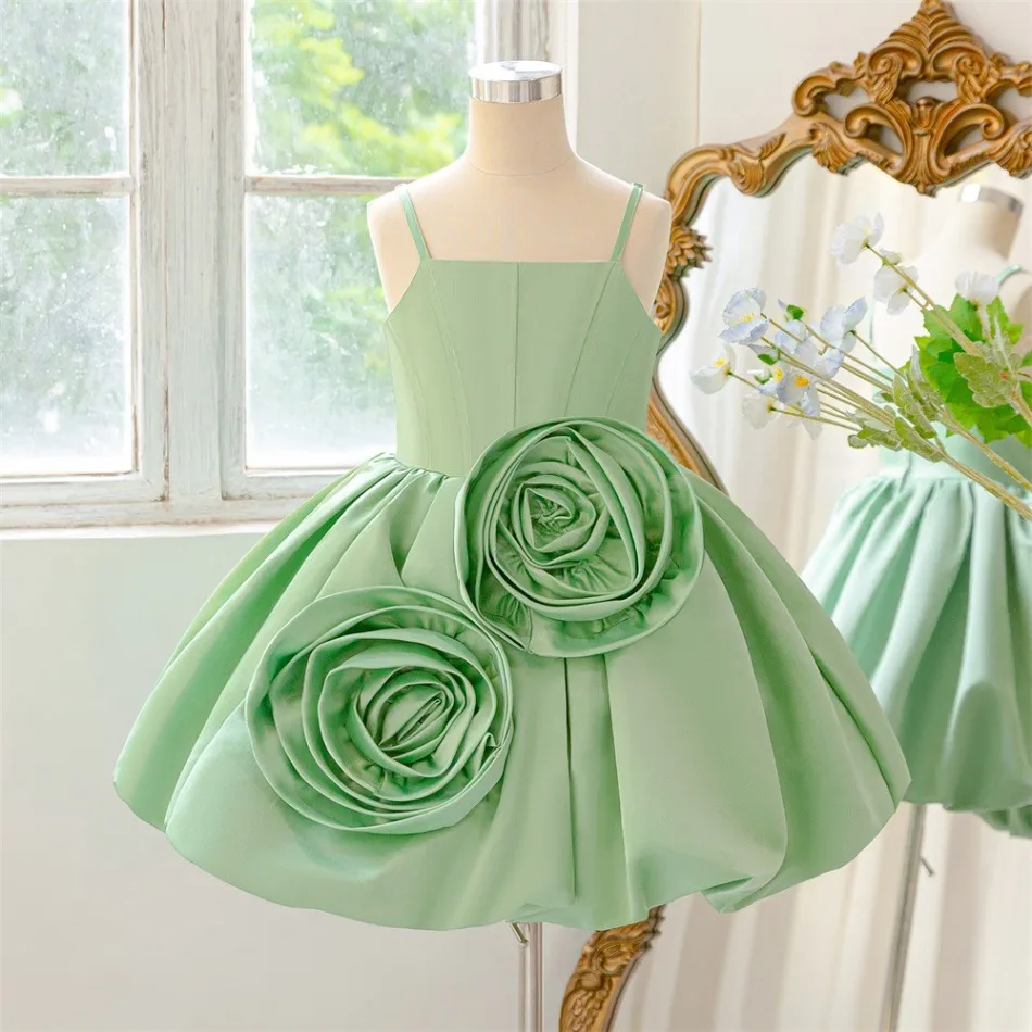 Girls Mint Green Spaghetti Strap Flower Girl Dress 3D Large Rose Bustier Bubble Puffy Skirt Kids Wedding Party Costume ASQ03