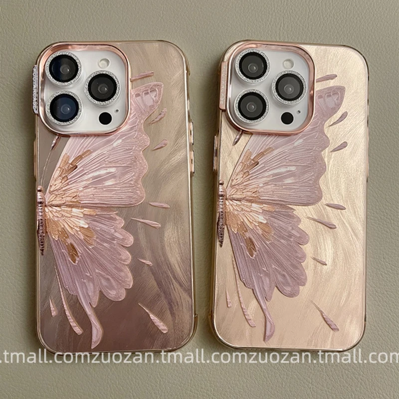 Luxury Pink Butterfly Laser Glitter Phone Case For iPhone 16 Pro Max 15 14 13 12 11 Plus Fashion Hard Shockproof Bumper Cover