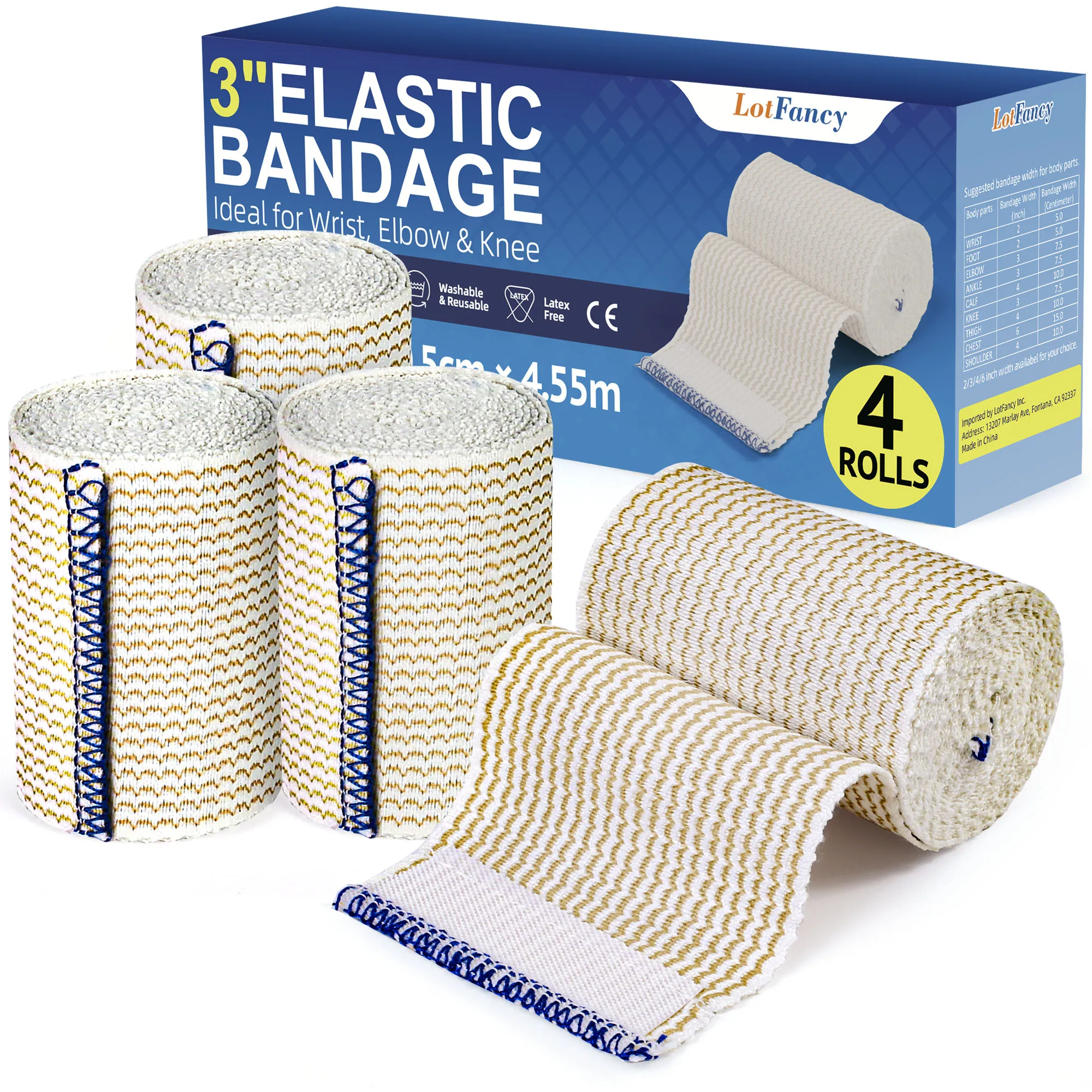 4 Rolls 3 inch x 5 yds Elastic Bandage Wrap, Cotton Compression Bandage Wrap with Self-Closure,Support & First Aid for Sports