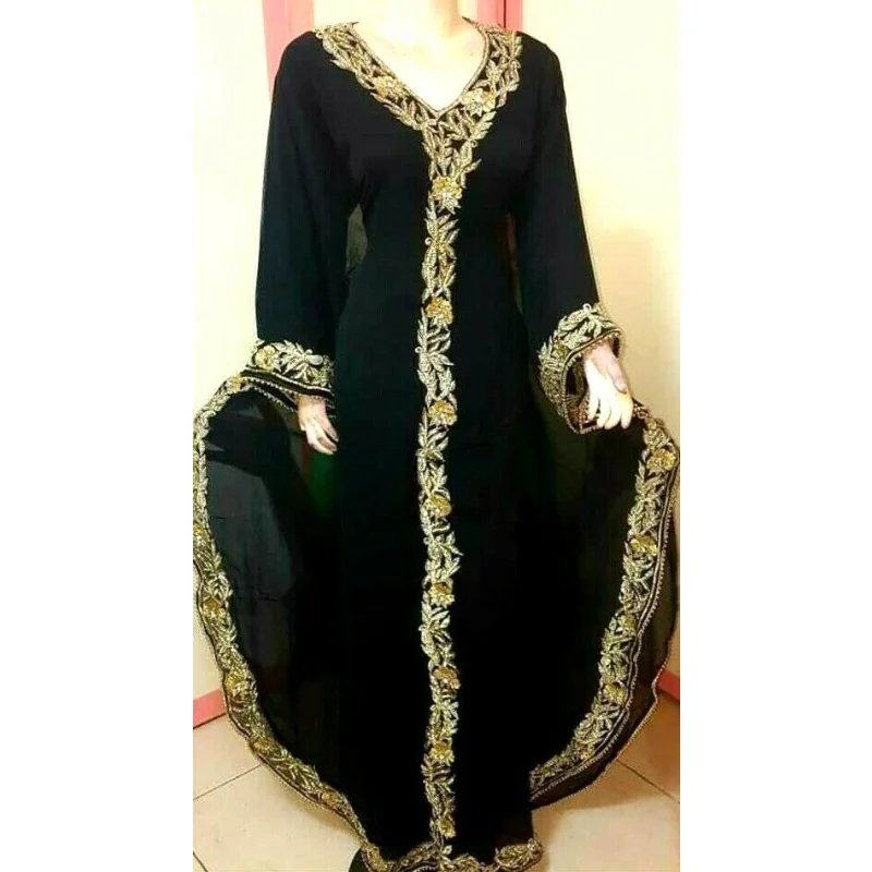 

Black Georgette Dubai Morocco Kaftan Farasha Abaya Dress Long Dress Women's European and American Fashion Trend