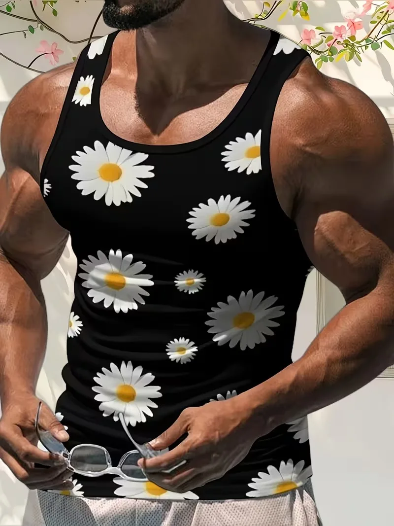 Fashion Summer Men's Casual Tank Tops 3D Flower Print Pattern Sleeveless T-shirt Loose Breathable