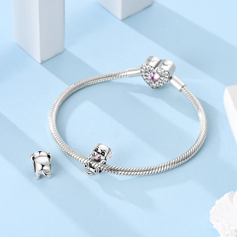 Trendy 100% 925 Sterling Silver Cute Puppy Holding Beads Charm Fits Pandora Bracelet For Boy Jewelry Bangle Pendant Gift