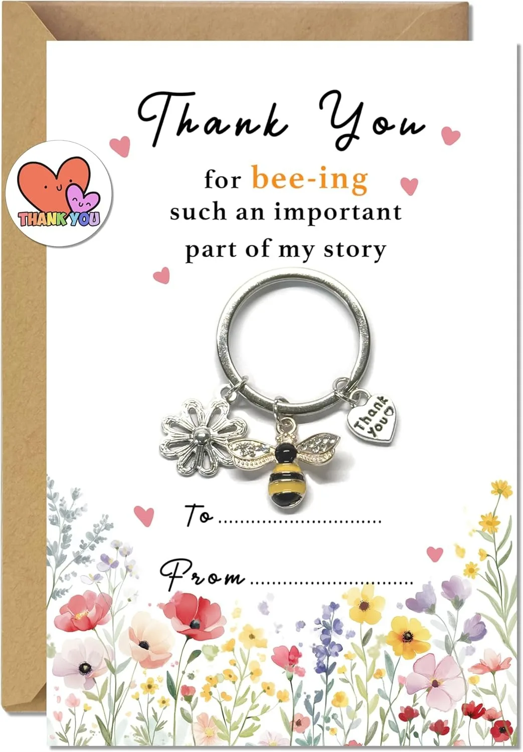 Porte-clés d'appréciation pour enseignant, cadeau pour femme, joli porte-clés avec carte de remerciement et enveloppe Bee-ing