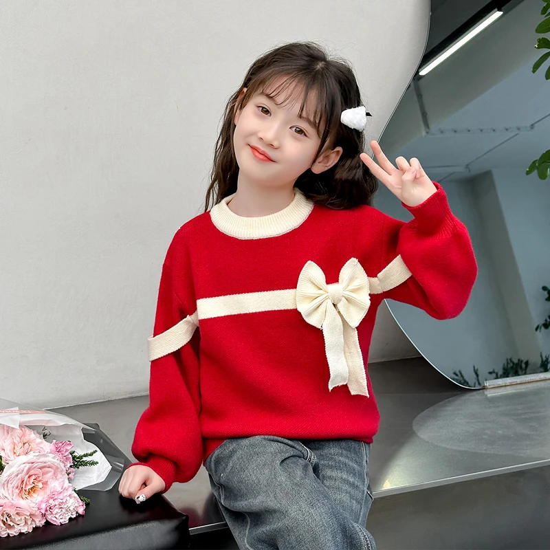 Lovely Baby Girl Sweater with A Bow Red Color Kids Cute Knitted Pullover Outerwear Child Slim Fit Knitwear 4 5 6 7 8 9 11 13 14Y