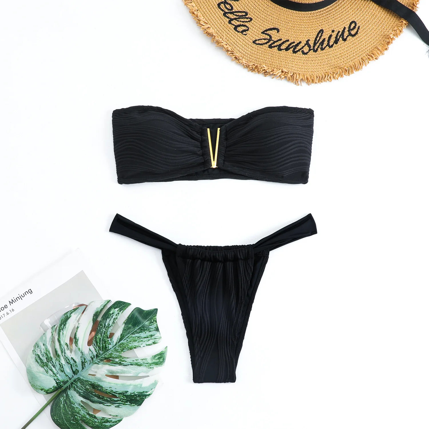 Women's Bikini Set Solis Color V Neck Push Up Thong Swimsuit High Waist Sexy Beach Seaside Swimwear Fashion 20234 New