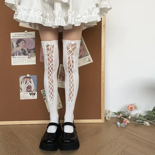 Imagen 1 del producto Medias blancas para Cosplay, calcetines hasta el muslo JK calados a la moda para mujer, calcetines largos de tubo hasta la rodilla con cordones de Color sólido a la moda