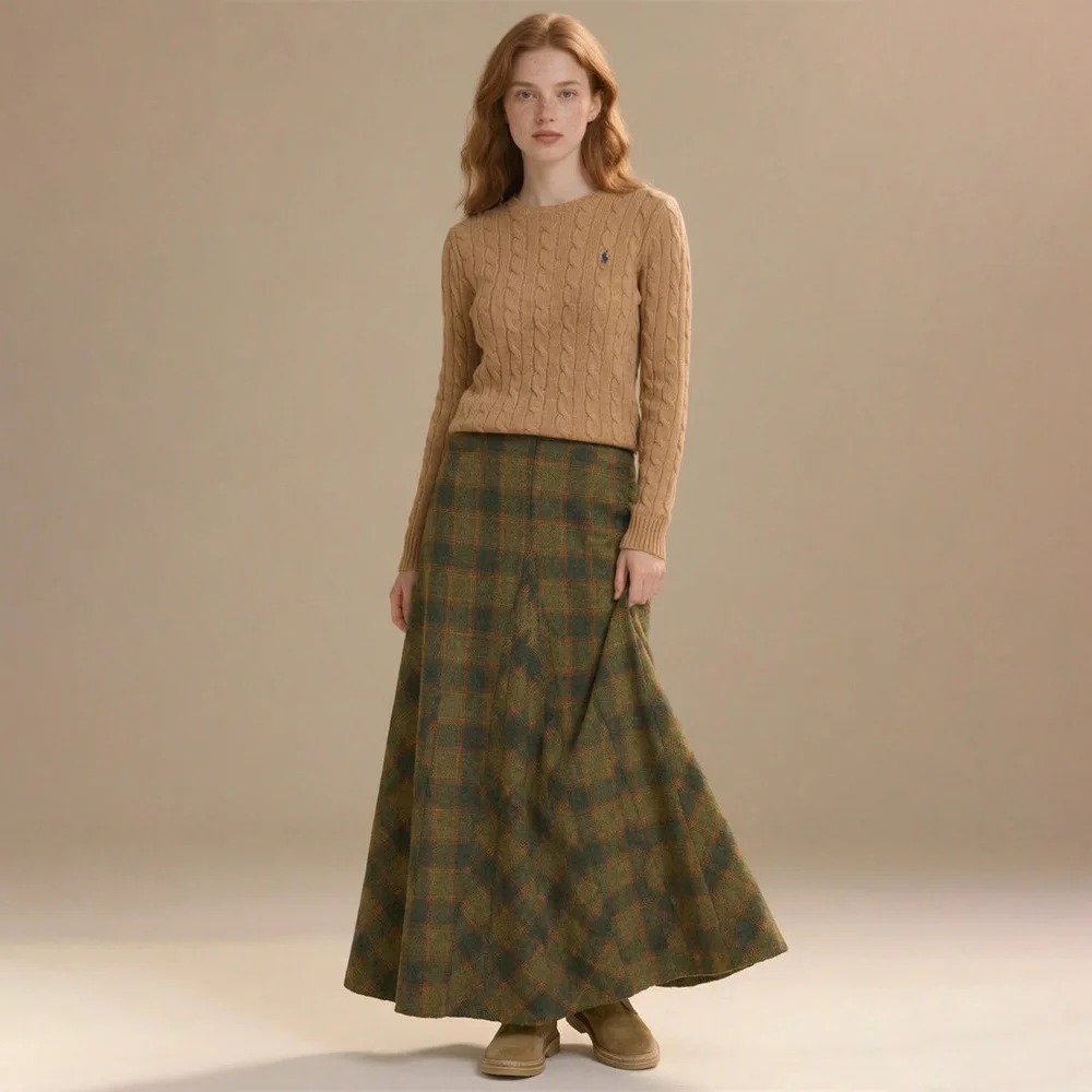 2025 Autumn/Winter New Design Plaid Wool Midriff Dress Casual A-Line Long Dress for Women