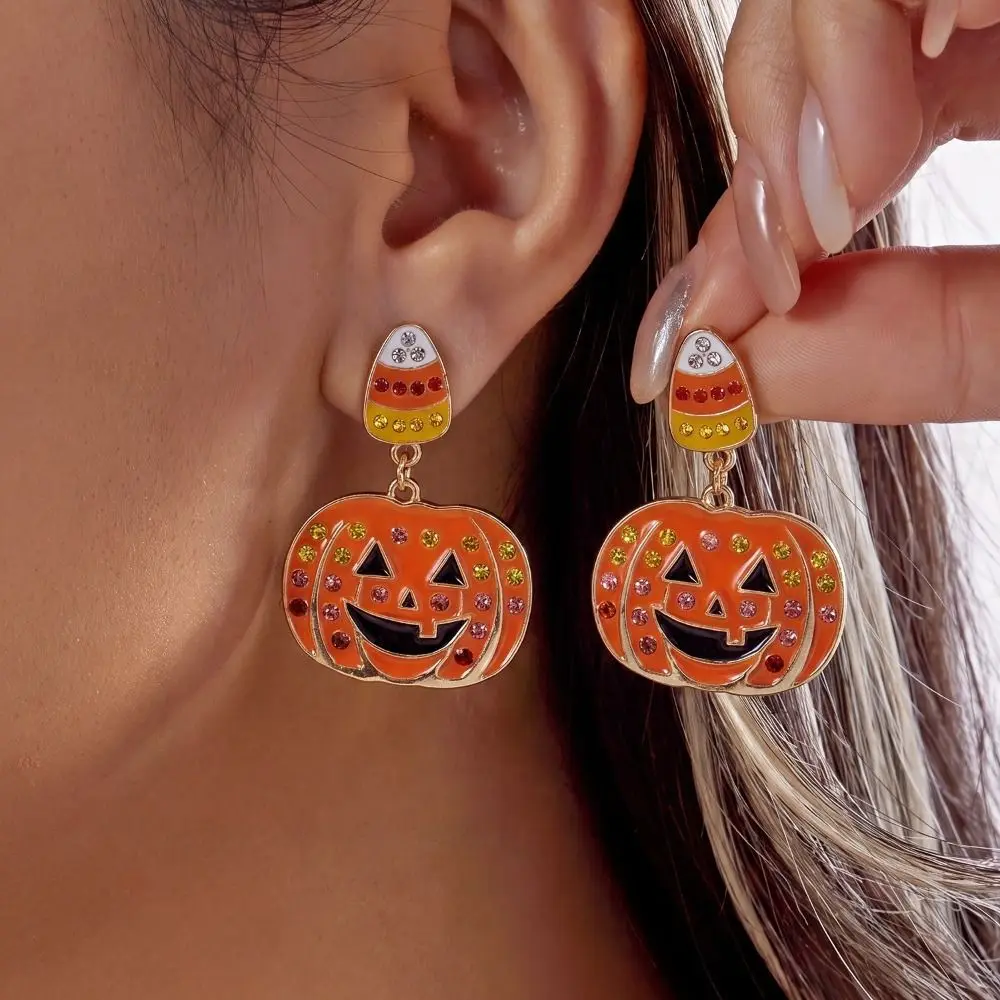 Creative Alloy Material Halloween Earrings Long Tassel Design Dripping Oil Effect Pumpkin Earrings Ghost Earrings Festival Wear