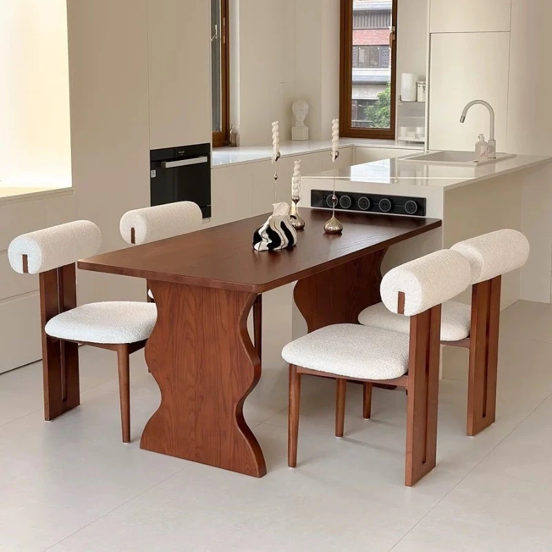 

French cream antique retro solid wood dining table rectangular dining table combination log household dining table and chair