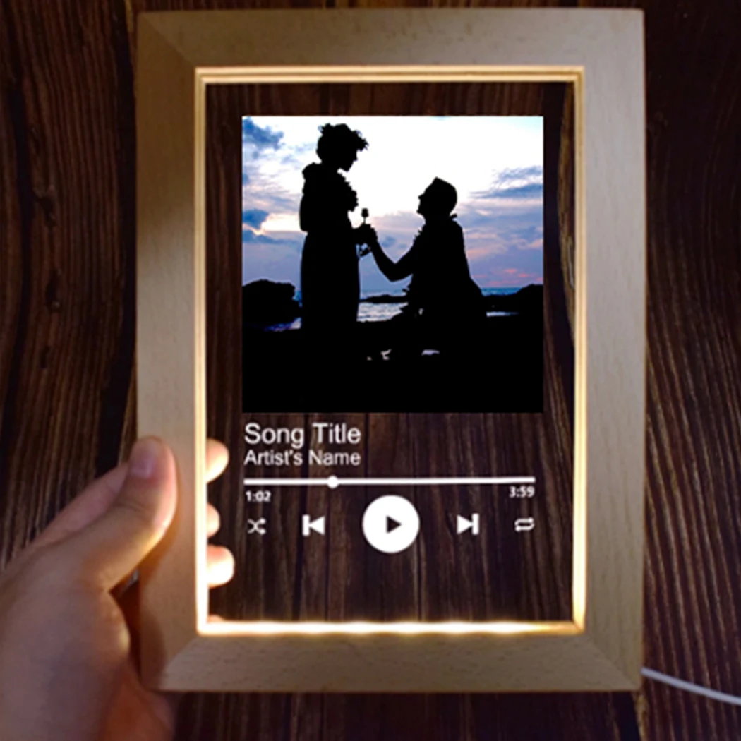 Valentine\'s Day Customized Couple Photo Frame Song Music Password Personalized Picture Acrylic Board Wooden LED Night Light