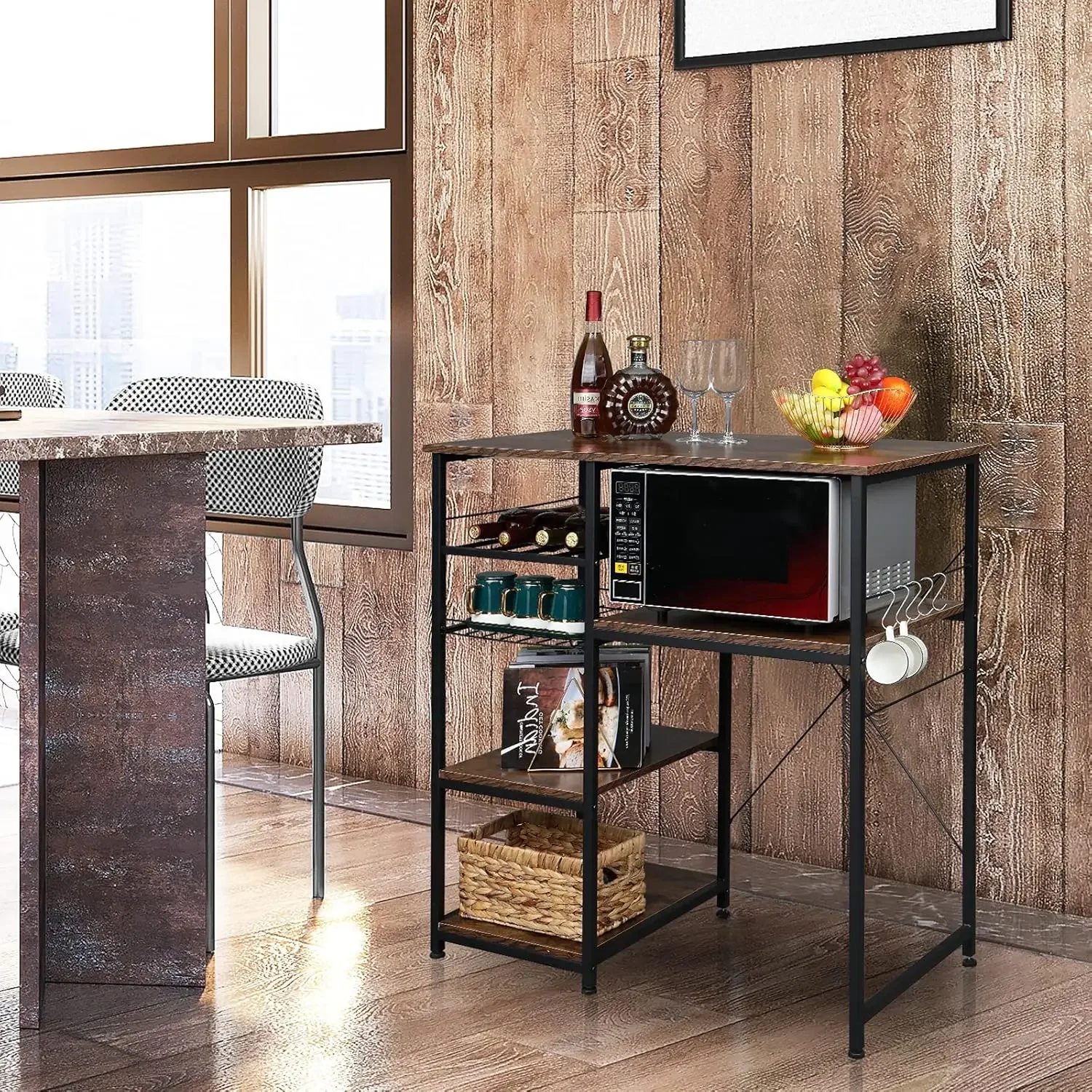 Bakers Racks for Kitchens with Storage Mini Fridge Stand Bar Cabinet with Mini Fridge Space, Big Drawer, Wine Rack, Metal Frame