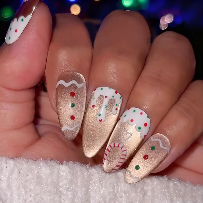 

24PCS Christmas Cat Eye False Nails Sparkling Golden Gingerbread House Igloo Gingerbread Man Almond Fake Nails Press on Nails