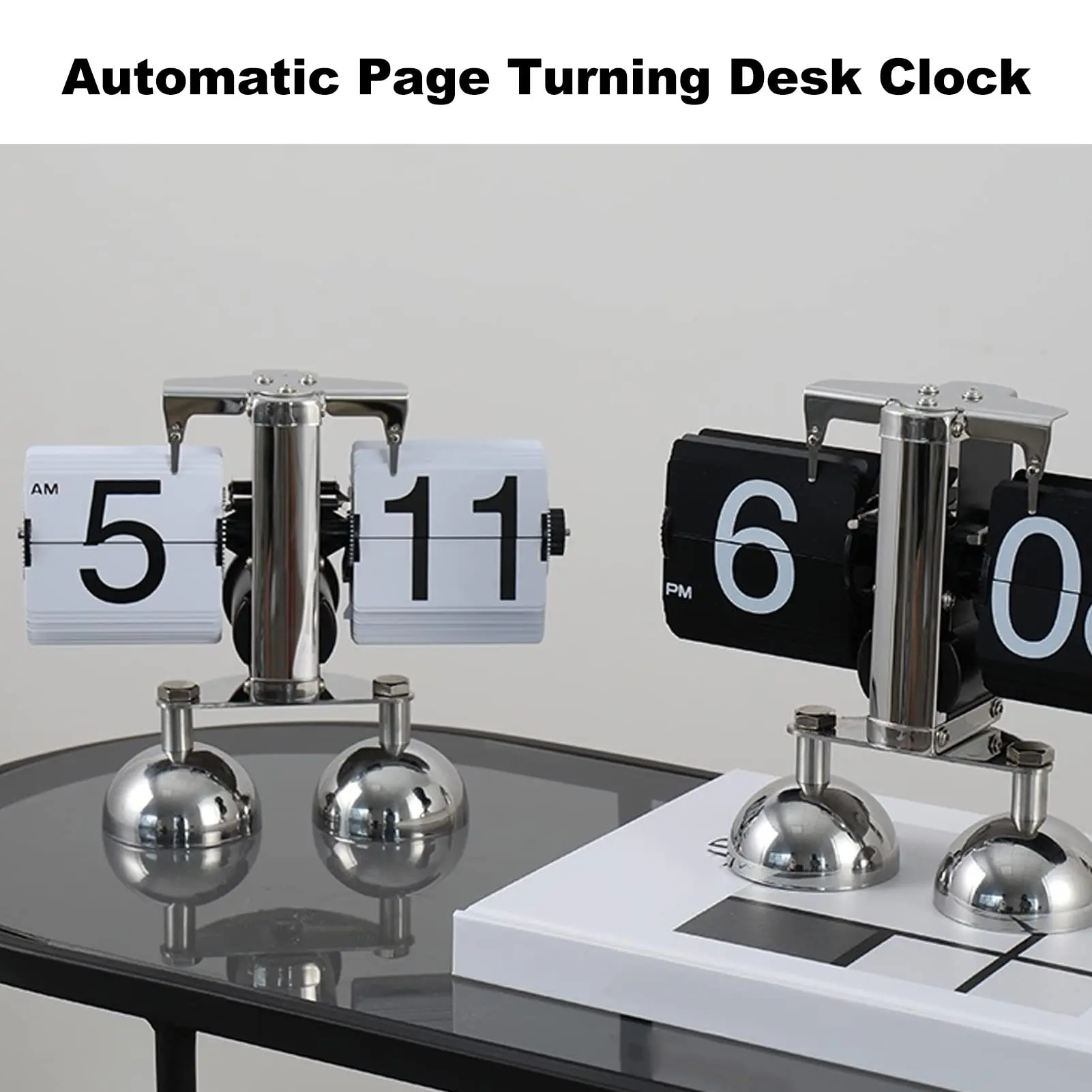 Vintage European Style Mechanical Flip Clock with Dual Feet  Page Turning Clock Stainless Steel Double Foot Small Scales Flip