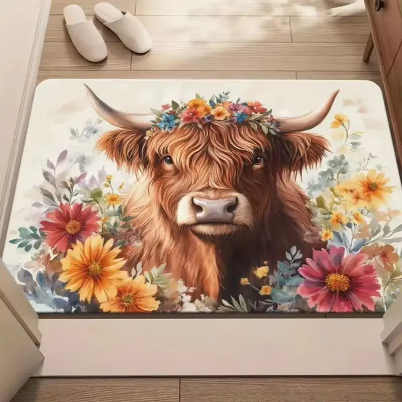 VIKAMA Rustic Highland Cow Welcome Doormat Floral Crown Farm Animal Non Slip Front Entryway Country Farmhouse Decor Floor Mat