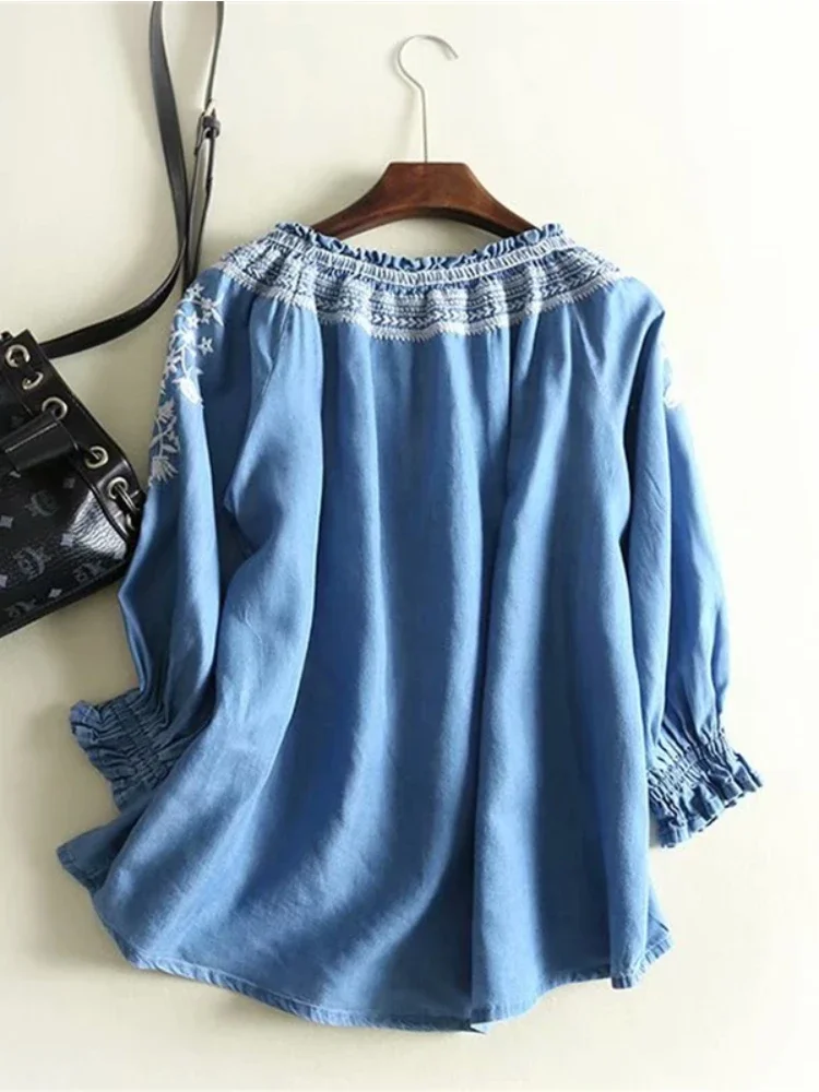 Vintage Chic Women Floral Embroidery Beach Bohemian Denim Cotton Blouse Shirt Long Sleeve V-neck Tassel Loose Boho Jeans Shirts