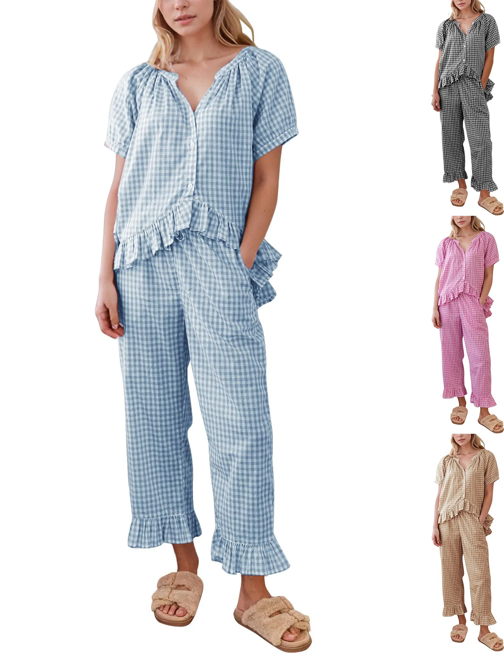 

Womens Short Sleeve Babydoll Shirt and Pants Summer Plaid 2 Piece Pajama Set Y2k Lounge Set Cute Sleepwear for Home