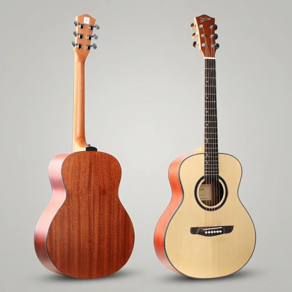 Acoustic Guitar 6 String No Cutaway Glossy Natural Top Brown Back Sides Chrome Tuners Dot Inlay Bridge White Pins Slim Neck