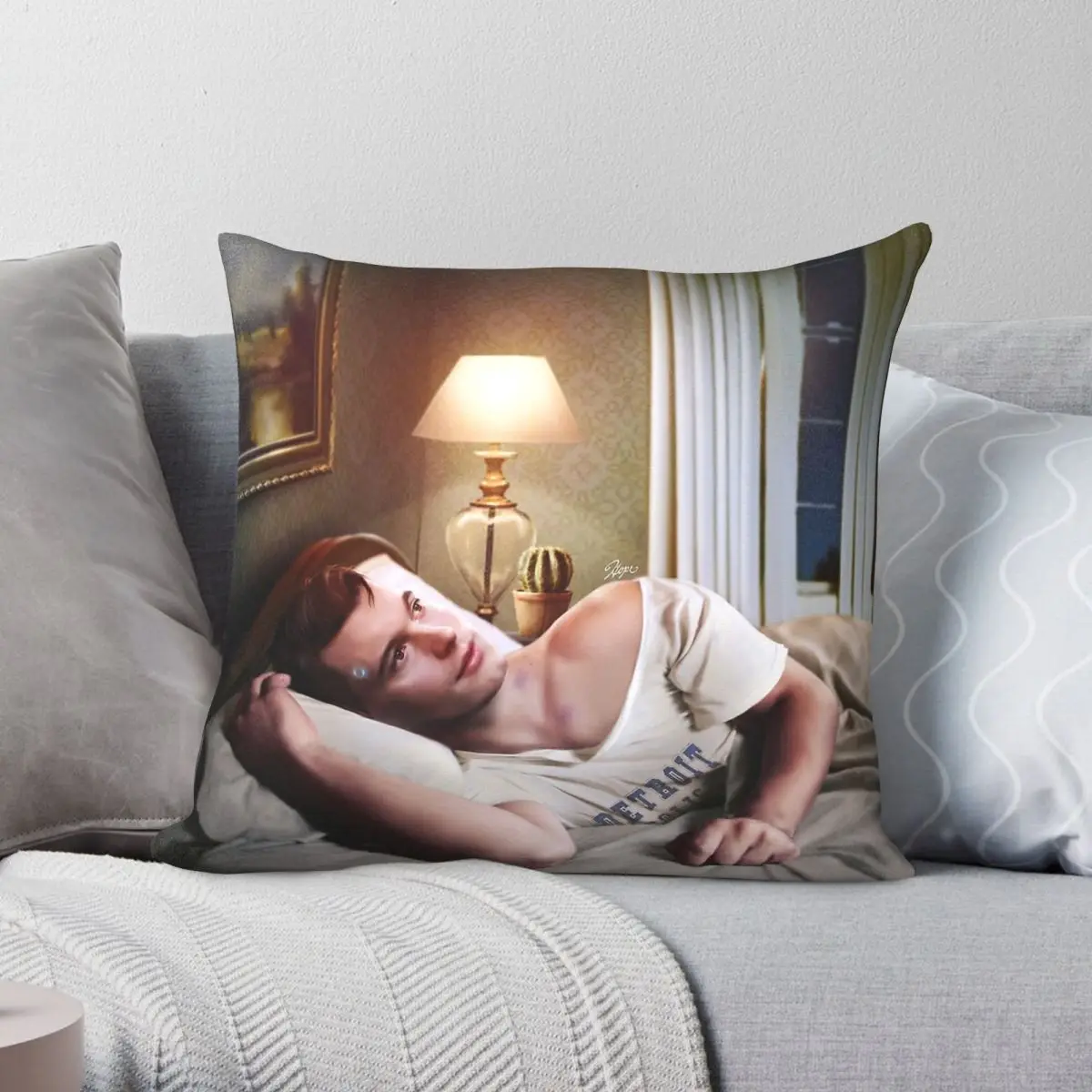 Connor In Bed Detroit Become Human Housse de coussin carrée en polyester, lin et velours, avec fermeture éclair créative, housse de coussin décorative pour voiture