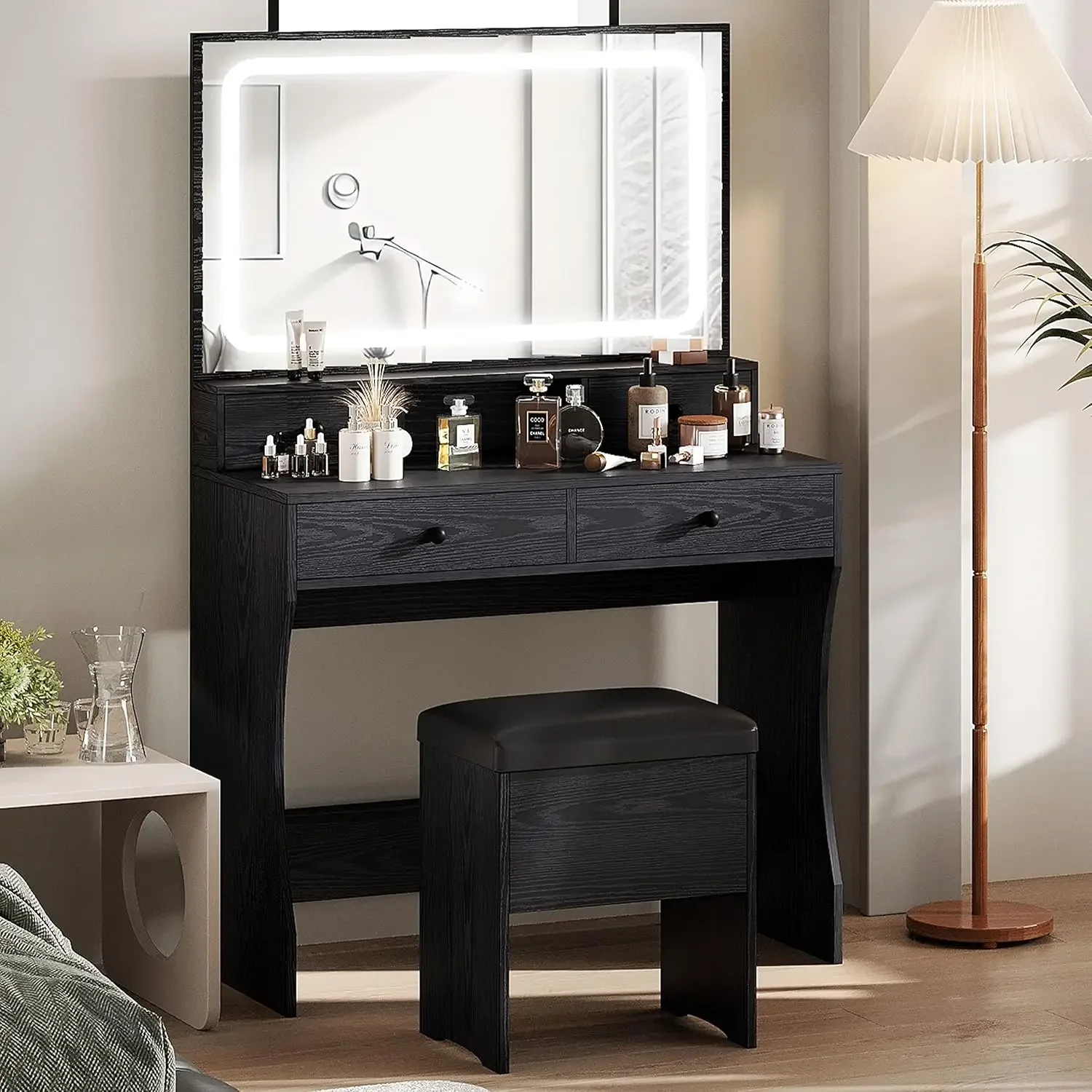 Vanity Desk Set with LED Lighted Mirror & Power Outlet, Makeup Vanity Table with 4 Drawers,Storage Bench,for Bedroom, Bat