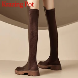 Krazing Pot Cow Split Leather Med Heels Thin Leg Round Toe Waterproof Splicing Big Size Retro Fashion Zipper Over-the-knee Boots