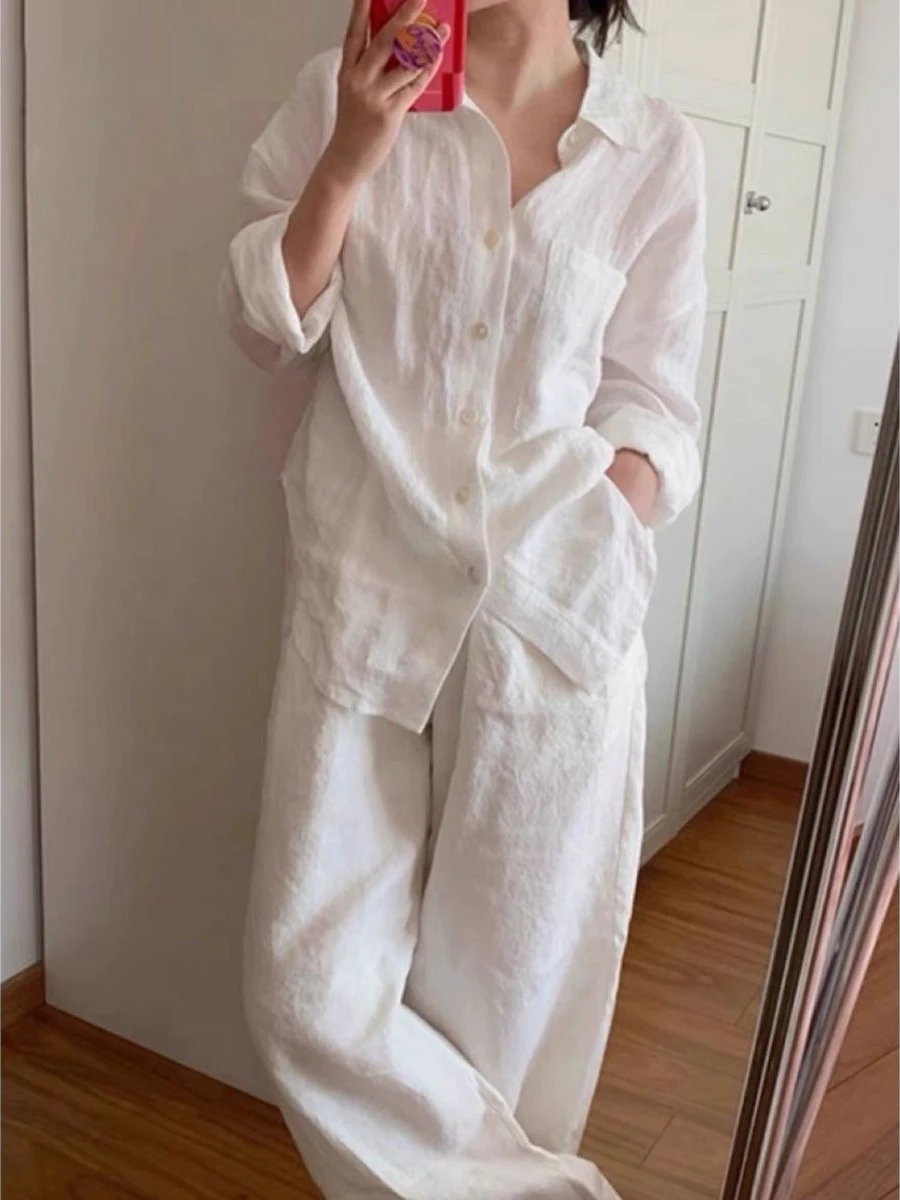 White Linen Cotton Blend Long Sleeve Shirt Women Summer Thin Loose Style Sun Protection Top Casual Commute Fashion Collar