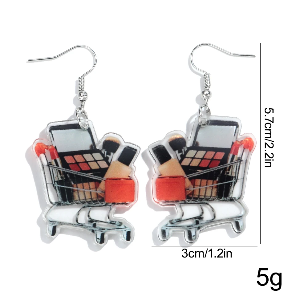 Funny Mini Shopping Cart Shaped Acrylic Drop Earrings Lipstick Cosmetics Shopping Cart Dangle Earring Charm Jewelry Accessory