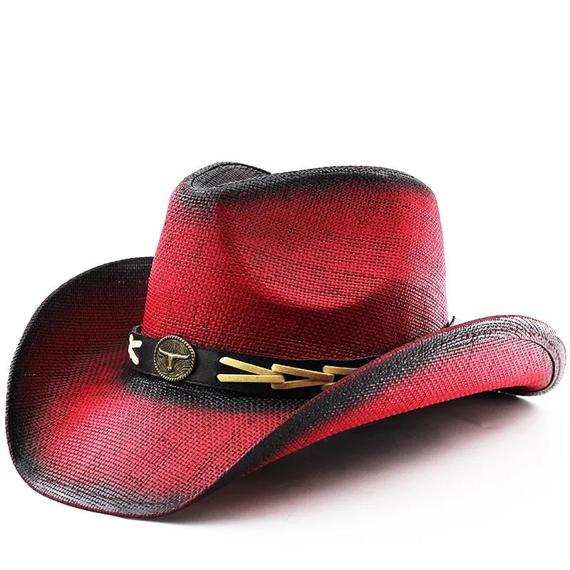 New 2026 Vintage Gradient Western Cowboy Hat Women Men Wide Brim Straw Hat Bull Head Decor Party Cowgirl Cap For Outdoor Travel