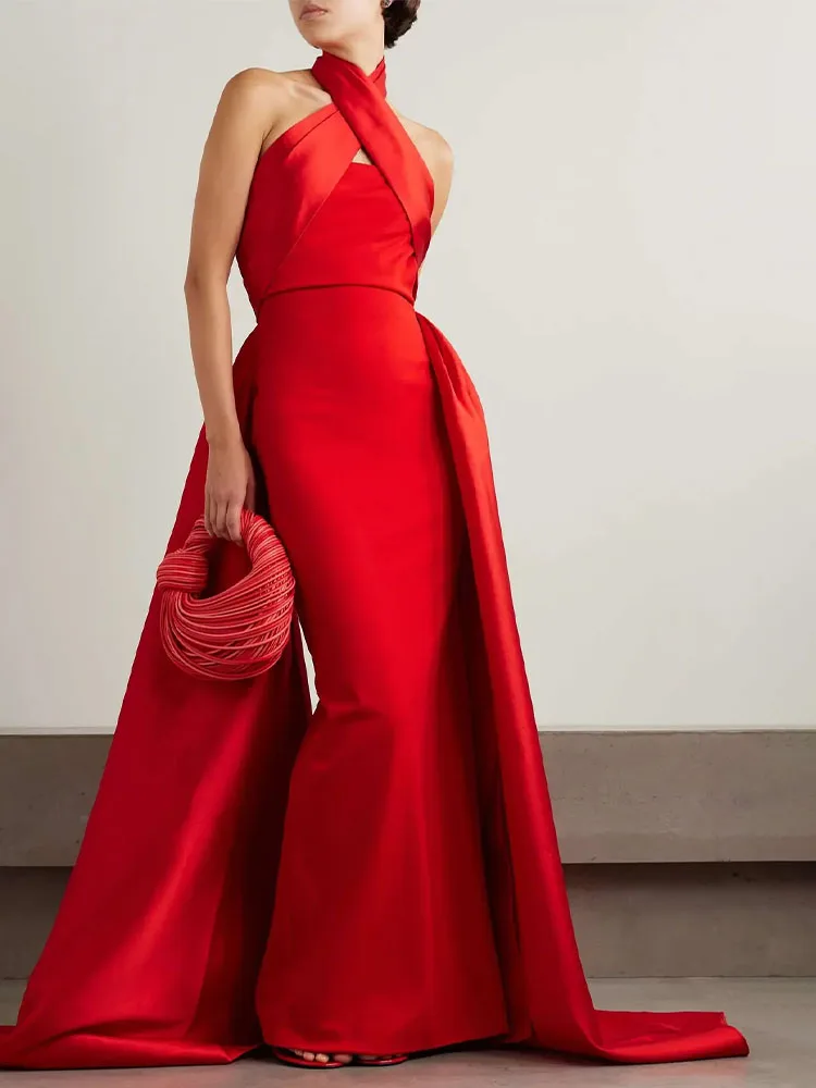

Evening Dress Red Satin Halter Sleeveless Backless Column Women's Evening Gowns Long Back Split Simple Formal Party Dresses 2024