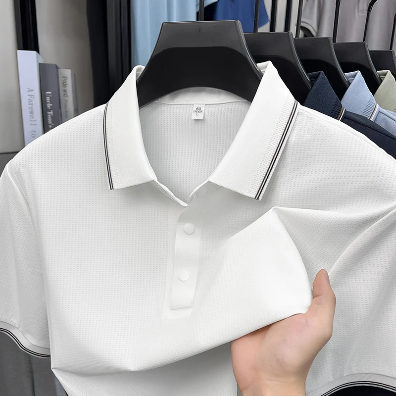 Trend luxury ice silk short sleeve polo shirt personalized solid color checkered embossed men's summer breathable casual T-shirt