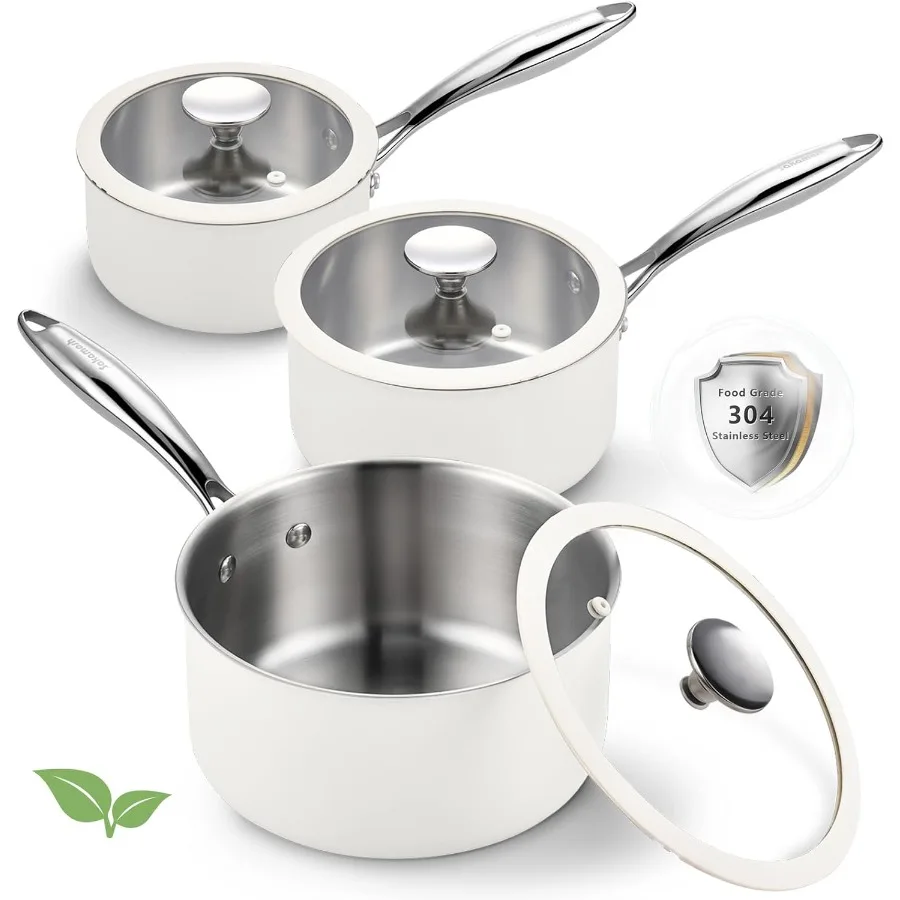 

TriPly Stainless Steel Sauce Pan Set with Lids 6PC 1.5QT and 2.5QT and 3QT Induction PFOA Free Dishwasher Safe Sauce Pot Cookin