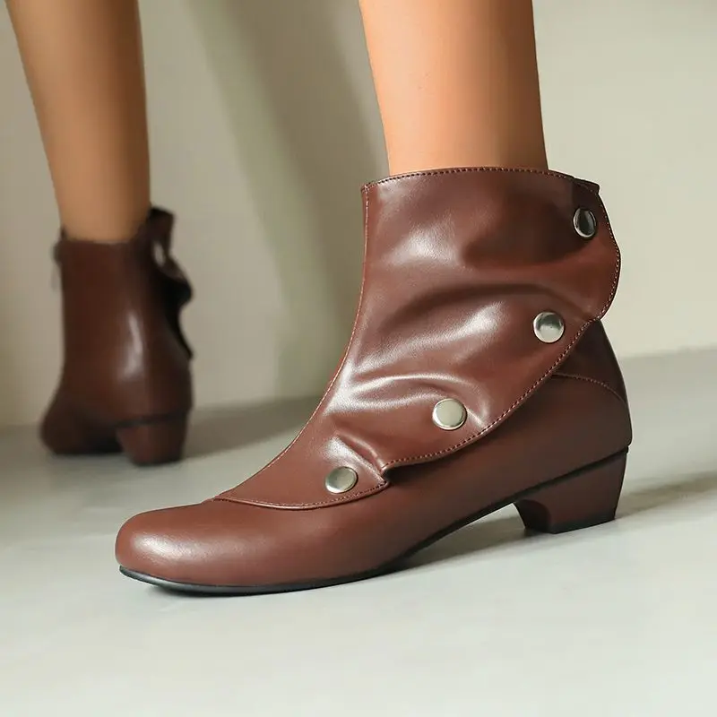 

ORCHA LISA 2026 Women's Leisure Ankle Boots Brown Rivets 3.5cm Block Heel Big Size 46 48 Vintage Booty Spring Autumn Winter