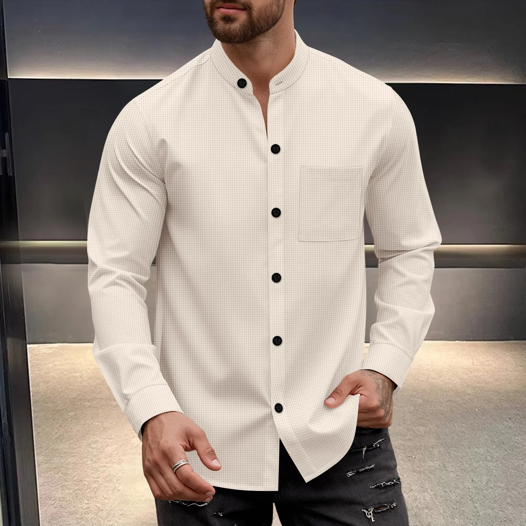 Autumn New Men's Stand-up Collar Shirt Waffle Check Long-sleeved Top Business Casual Versatile Solid Color Shirt