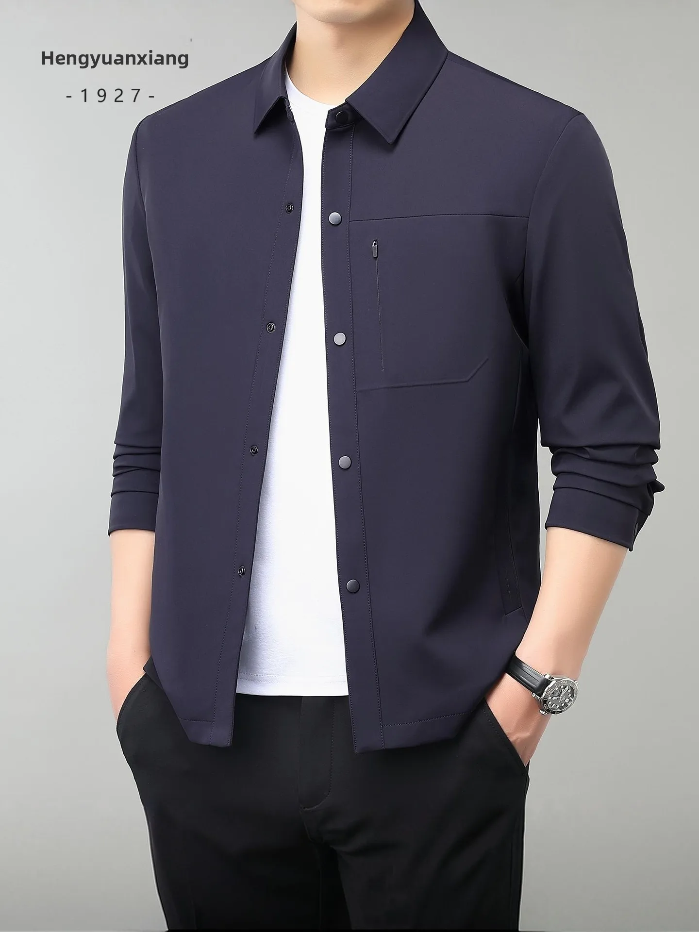 Casual Business Jacket for Men Standard Fit Pure Color Button up Sleeve Open Neck Casual Fashion Urban Style Nylon Spandex