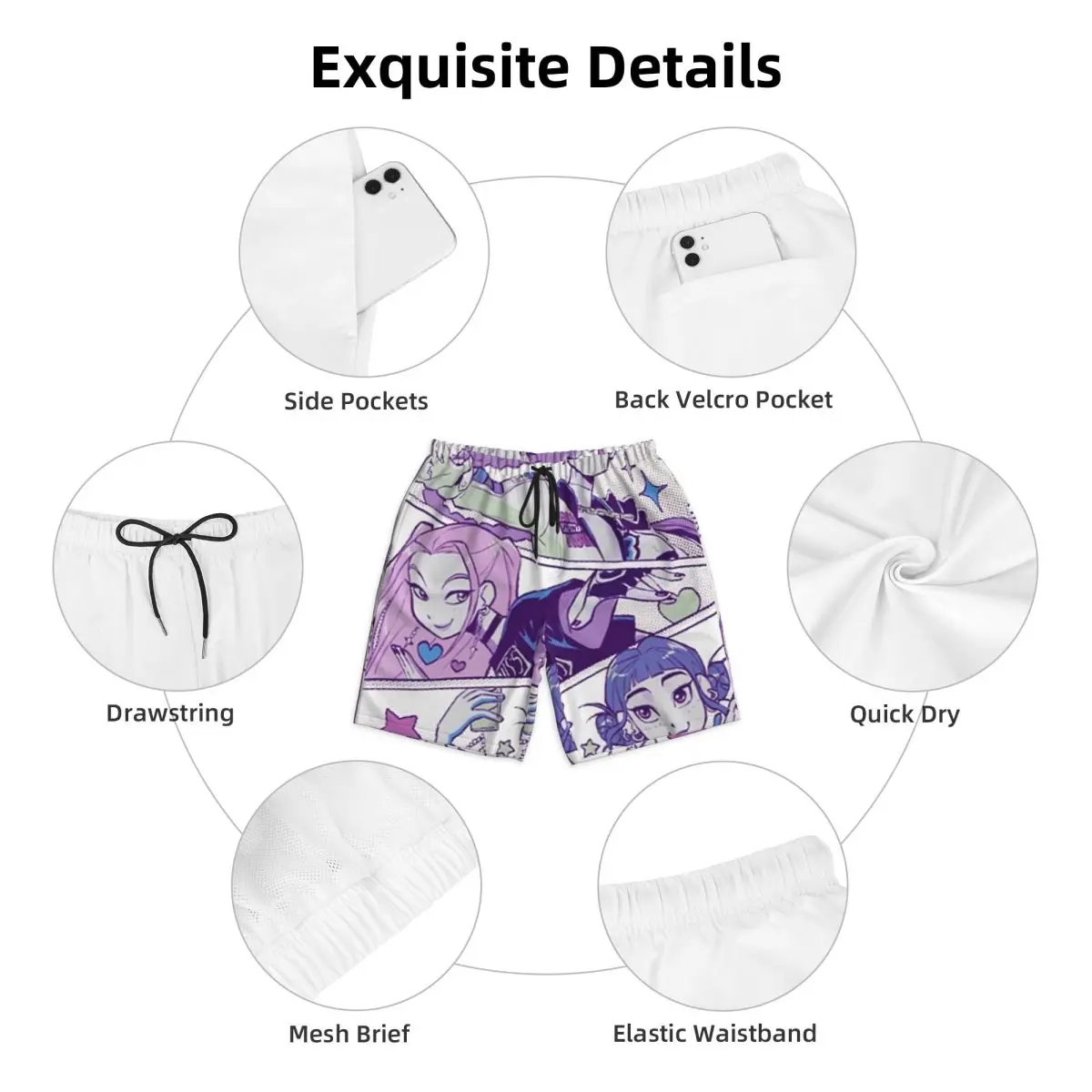 Swimsuits K-POP Demon Hunters Board Shorts Summer Huntrix Casual Beach Shorts Men's Printed Sportswear Quick Dry Beach Trunks