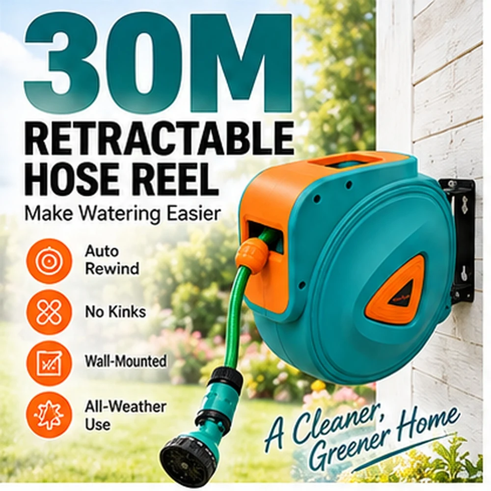 Blossom 30M Retractable Wall-Mounted Garden Hose Cart, Automatic Retractable Watering Hose Set with 9 Spray Patterns
