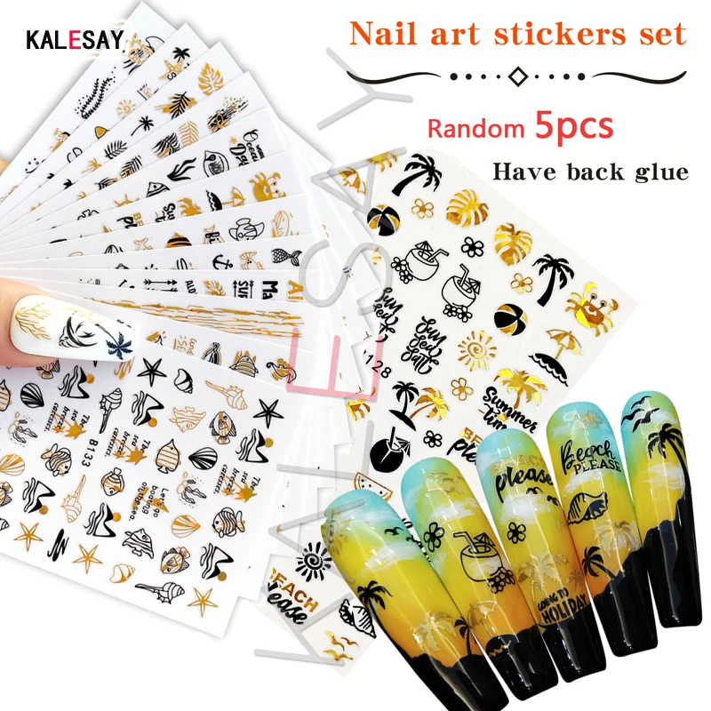 

5pcs/lot Nail Art Stickers Sea Laser Gold Black Nail Decal Starfish Summer Shell Nail Sticker Manicure Design Decals for Nails