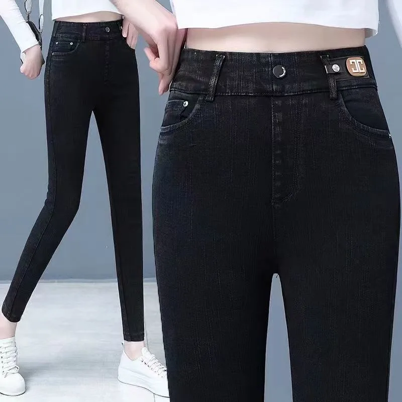 Celana Jeans wanita, celana pensil legging hangat bulu domba tebal meregang tinggi musim gugur dan musim dingin 2023