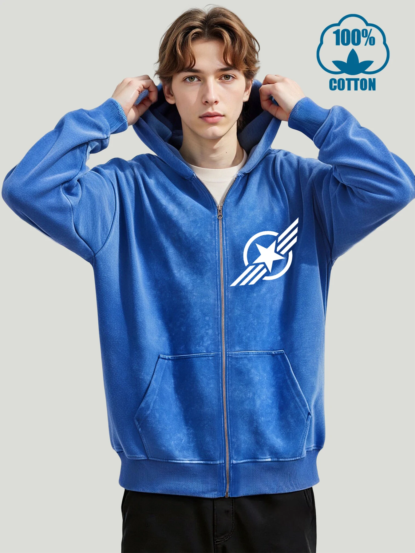 

Circular Pentagram And Wings Print Mens Washed Zip-Up Hoodies Loose Cotton Hoody Fashion Top Soft Hip Hop Male Pocket Jackets