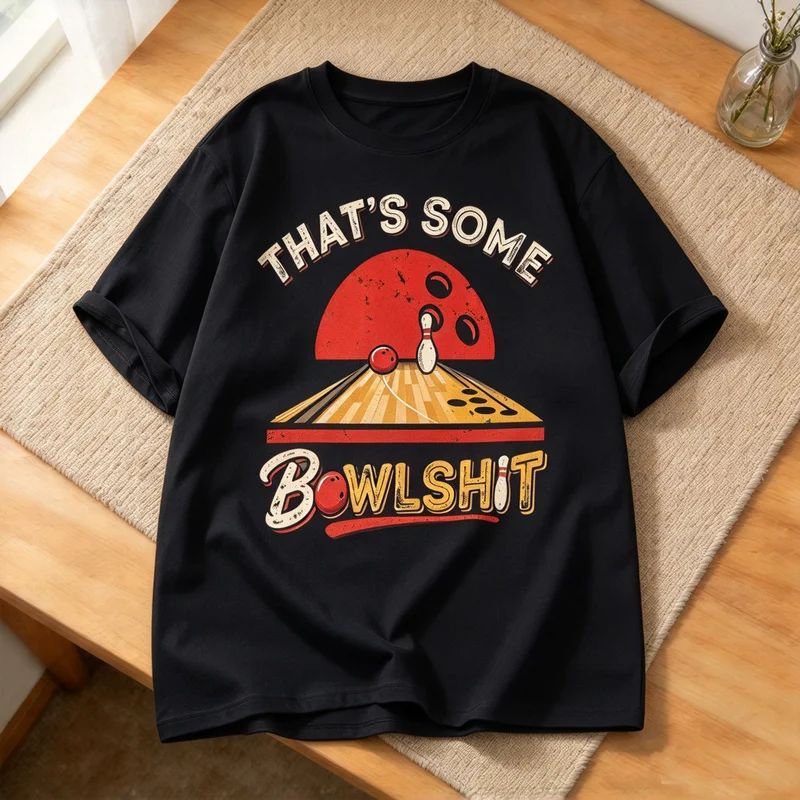 Retro Sunset Bowling T Shirt Men Vintage Distressed Bowling Lane Graphic Tee Casual Short Sleeve Cotton Bowling Player Gift Tops