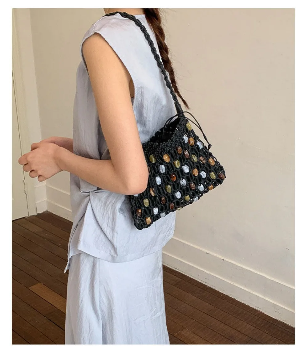 Neue Hohle Gewebte Perlen-Schultertasche Böhmische Sommer-Perlen-Gewebte Tasche Große Kapazität Bunte Crossbody-Strandtasche Einkaufstasche – Detail 6