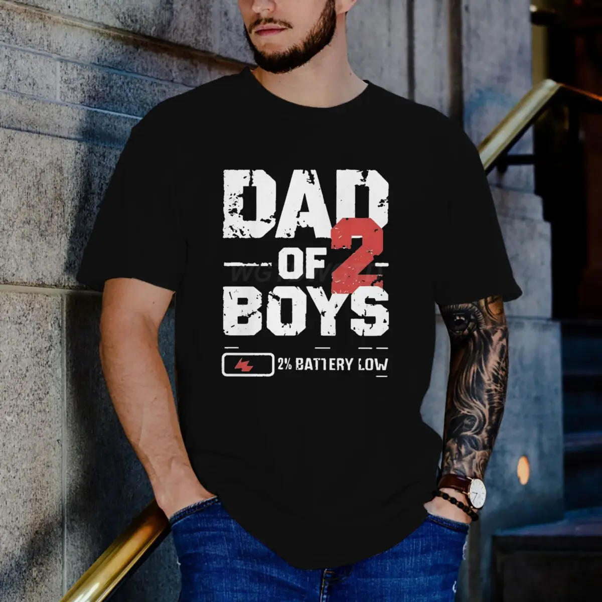 Fun Dad of 2 Boys Printed Men T-Shirt Harajuku T Shirts Battery Low Casual Fashion Tees Clothes Vintage Father's Day Tee