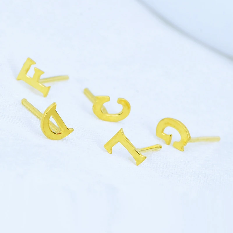 1pcs Pure Solid Gold Earrings Stud For Women Real 24K Yellow Gold Small Delicate Letter of the Alphabet Gold Earrings