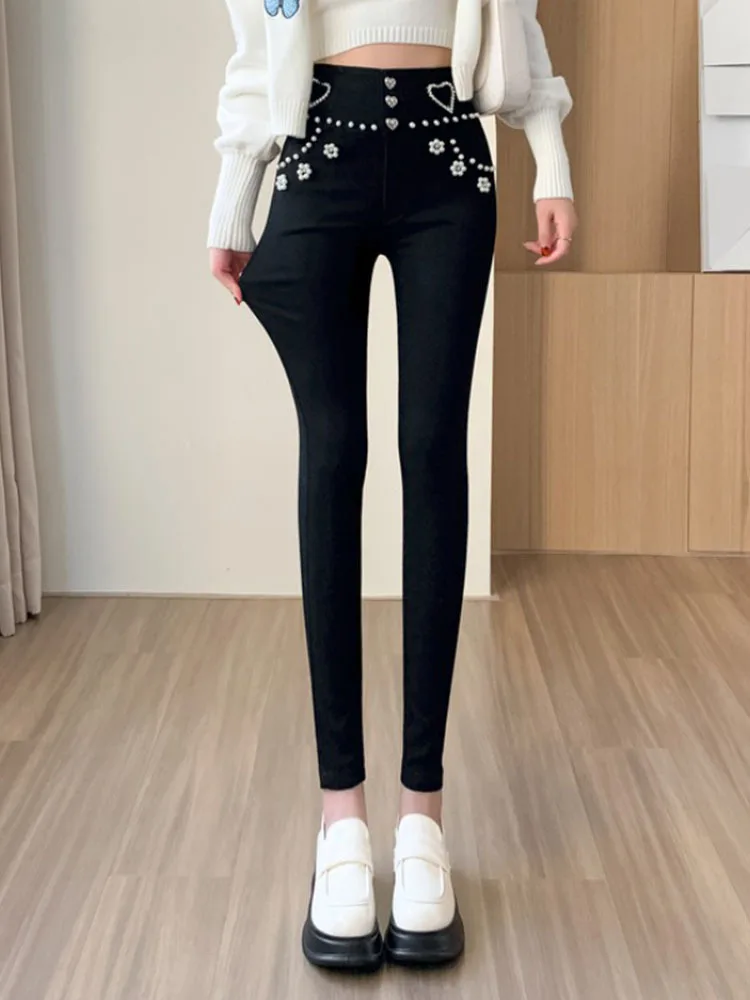 Streetwear Spring Women Luxury Embroidered Flares Pencil Pants Trousers White Black Slim High Waist Girls Single Buttons Pants