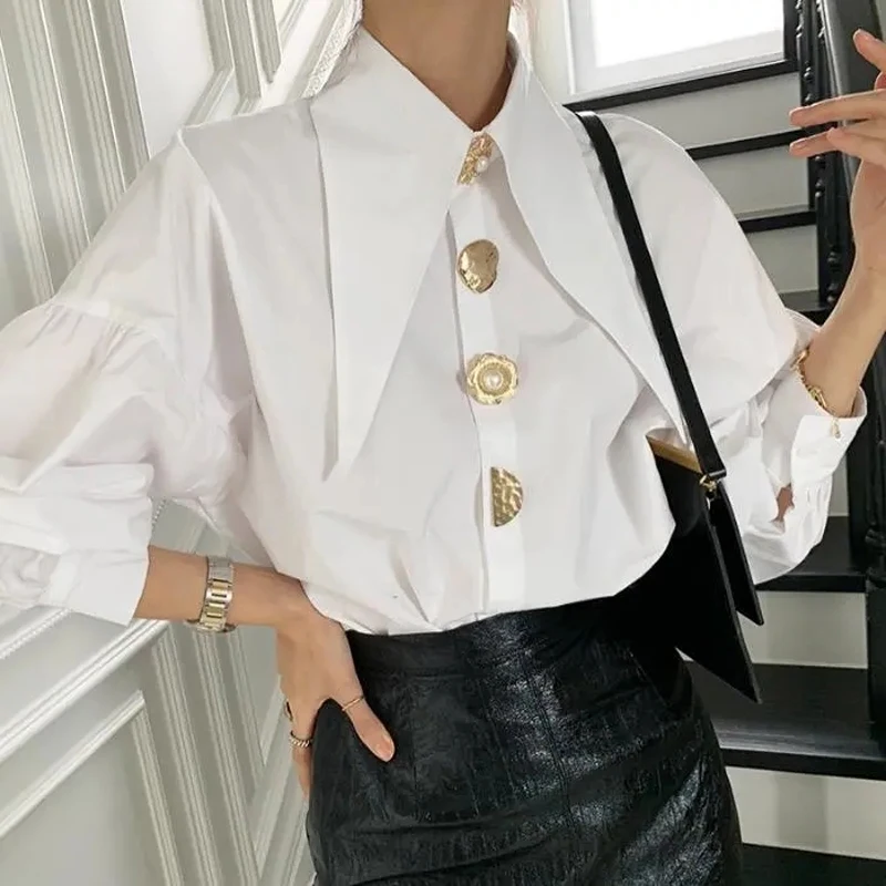 Korean Fashion Elegant Blouse Retro Loose Spring Thin All-match Tops Lapel Turn Down Collar Lantern Sleeve Casual Shirt 17845