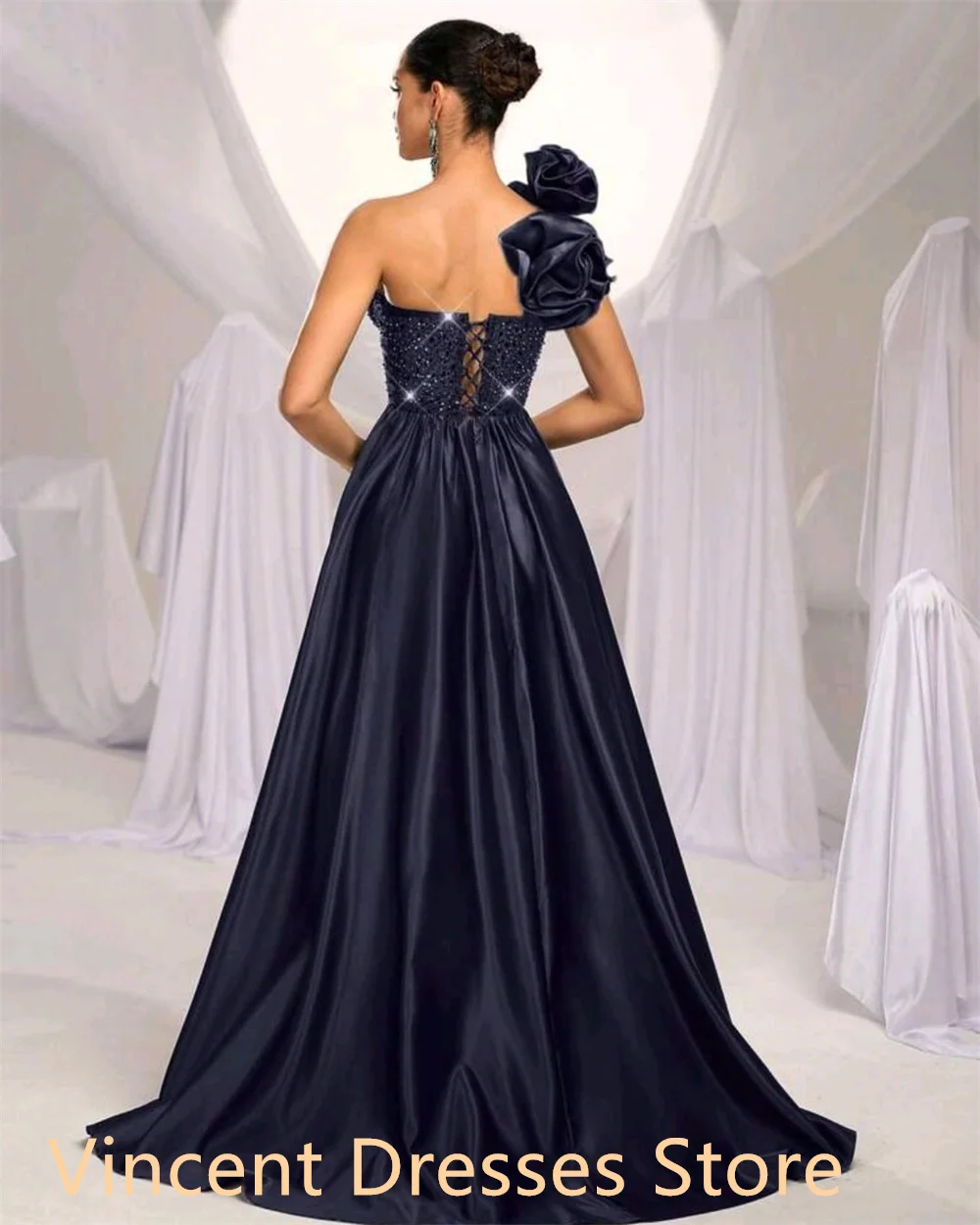 Aangepast temperament puur satijn Celebrity-jurken Elegant / sierlijk strapless kapmouw bloemen Lace Up Robe de soirée