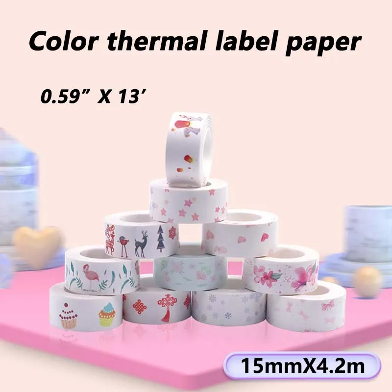 2 Rolls Thermosensitive Continuous Label Paper, Colored, Transparent, For P12/D30/D30S/D32/D35/Q30 Label Maker Printer 15mmX4.2m