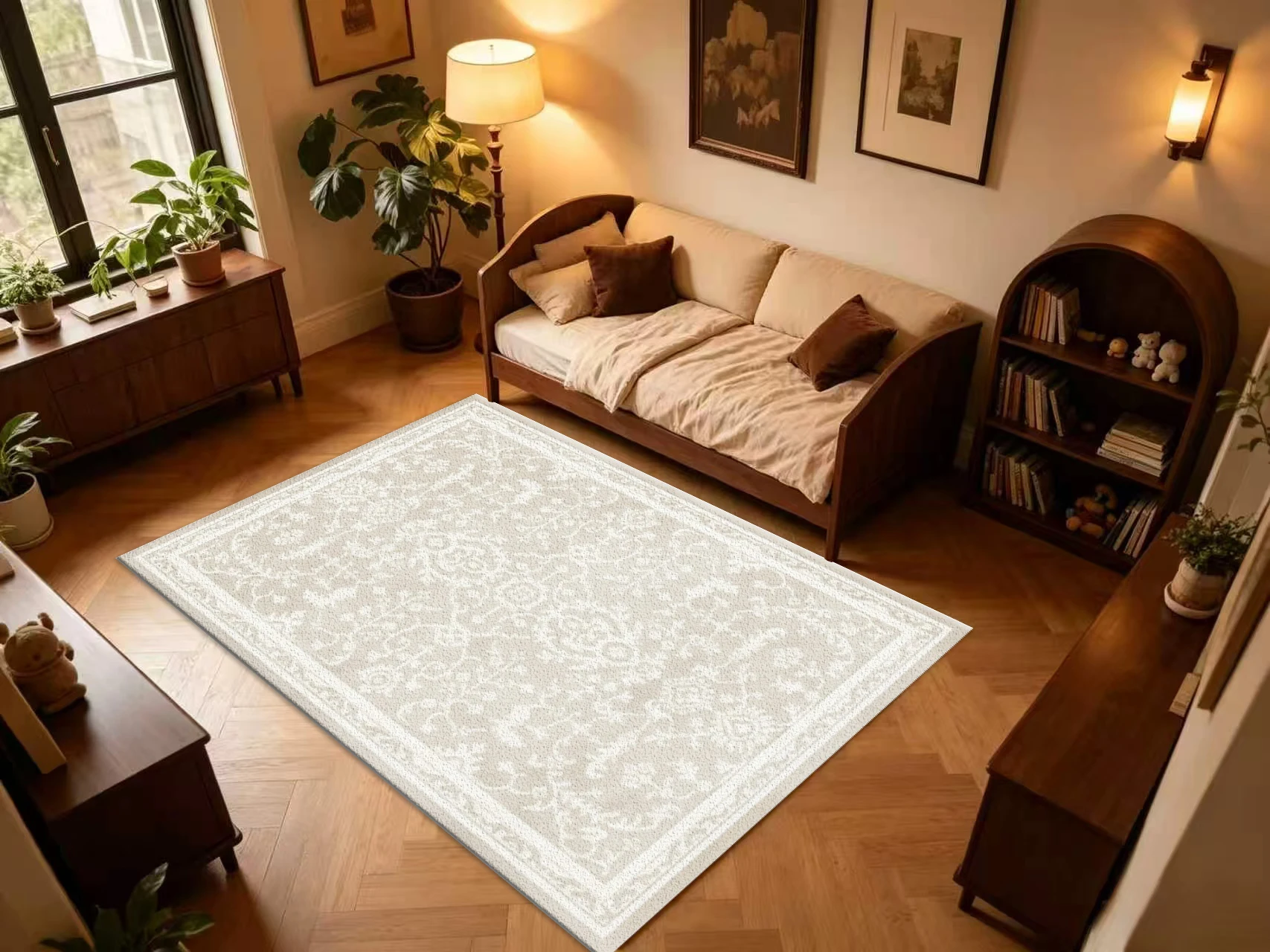 Light Beige Subtle Medallion Square Area Rug Minimalist Vintage Floral Border Printed Floor Carpet for Living Room Bedroom Home Decor